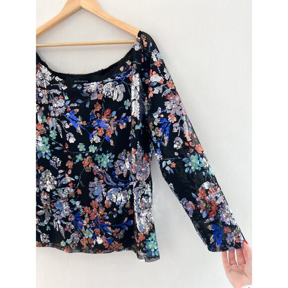 Boston Proper Floral Sequin Blouse XL Boatneck Mesh Glam Modest - Picture 2 of 7